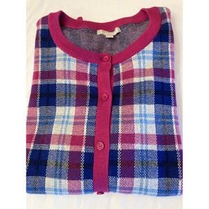 Woman Within Plaid Button Front Cardigan Sweater Blue Pink 1X 22/24 Cotton